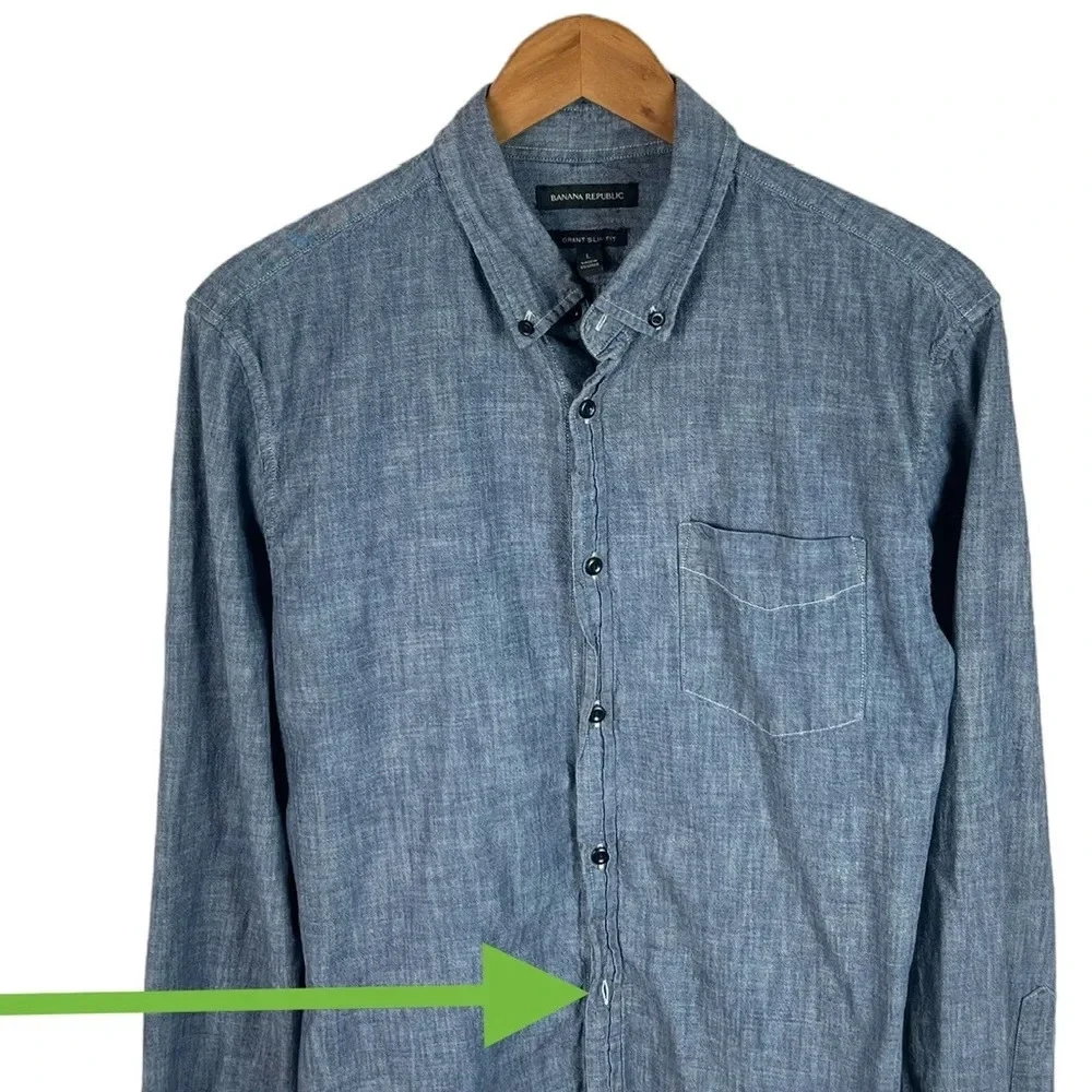 BF483 Mens Banana Republic Grant Slim Fit Trendy Chambray Button Down Shirt L